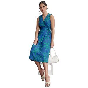 DKNY by Donna Karan Sleeveless V-Neck Tie Waist Printed Faux Wrap Midi Dress